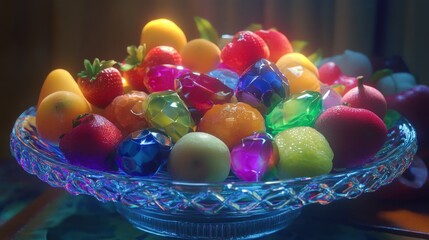 A platter of synthetic, jewel-toned fruits, glowing faintly, texture like polished gems, elegant still life, soft fill light