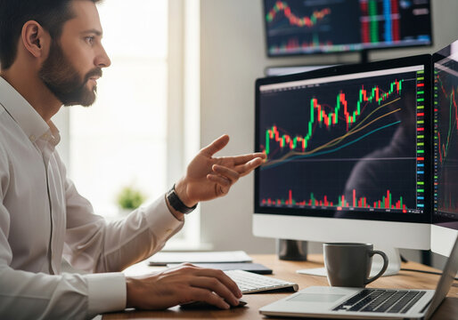 Professional man analyzing stock market charts on multiple screens