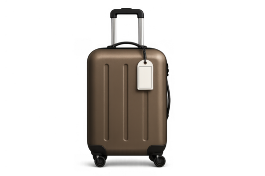 Brown hard case carry-on luggage with blank tag for travel, vacation, tourism, packing, and global journey