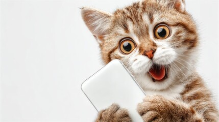 スマホを持ったびっくりする猫