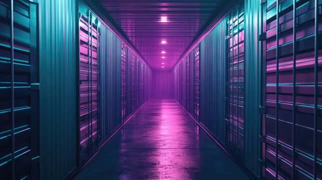 Futuristic data center corridor with neon magenta and cyan lighting