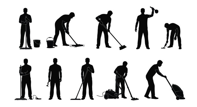 Professional cleaning service silhouettes for home and office hygiene