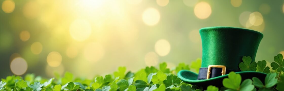 Green leprechaun hat with shamrocks sits among clover leaves. Blurred sunlit background evokes St Patricks Day spirit. Festive Irish holiday celebration accessory. A greeting card element.