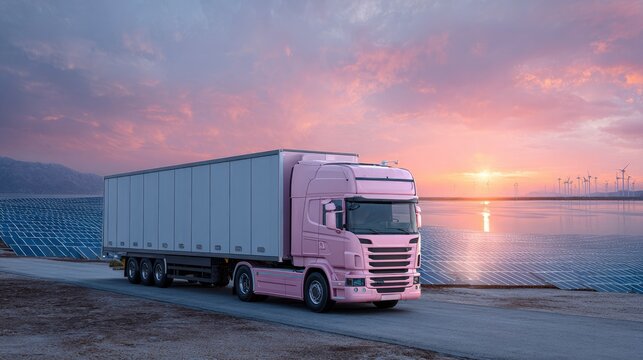Pink semi-truck drives at sunset, solar panels