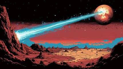 ley line, a powerful straight line of blue energy, cutting across a minimalist landscape of red vector hills and valleys. Mystical energy