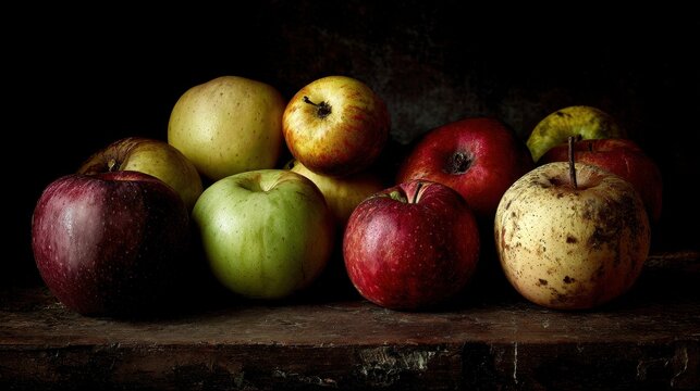 A Painterly Still Life of Harvest Apples with Dramatic Chiaroscuro Lighting.