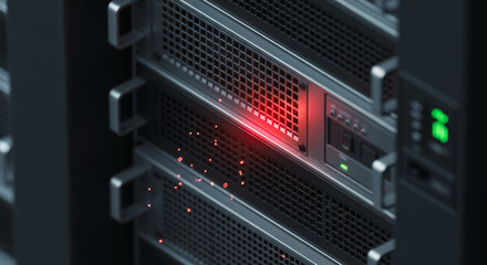 A modern server rack glows with data processing. The red indicator shows an error on a specific server within the rack, against a backdrop of organized computing hardware.