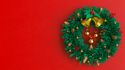 Christmas Wreath with Golden Bells on Red Background 3d render