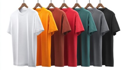 ハンガーに掛かったカラフルなTシャツ