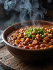 Closeup of a steaming hot bowl of homemade vegetarian chili or spicy bean stew in a rustic ceramic dish on a wooden surface with aromatic steam rising from the savory hearty and nourishing dish