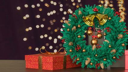 Christmas Wreath and Gift Boxes with Holiday Lights 3d render.