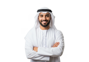 Smiling middle eastern man wearing traditional thobe and ghutra with arms crossed isolated on transparent background
