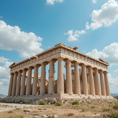 Ancient Greek temple columns on sky background, panoramic view of old building in summer. Concept of Greece, antique, civilization, travel.
