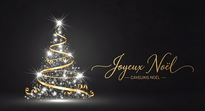 Elegant christmas tree with golden ribbon and joyeux noel greeting - Powered by Adobe