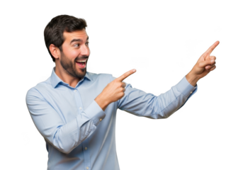 Excited man with beard wearing a blue button down shirt pointing to the right with both index fingers isolated on transparent background