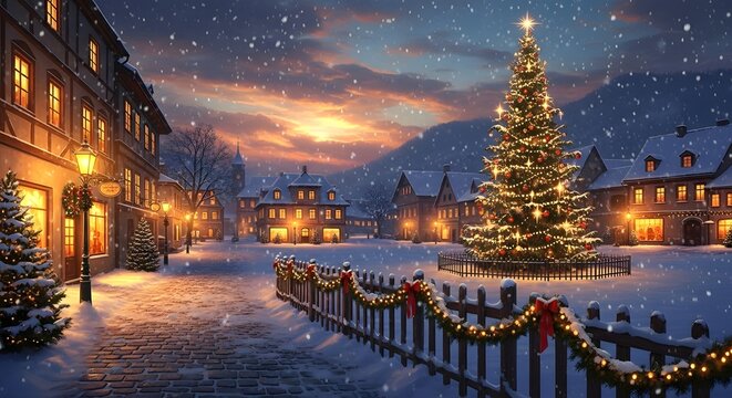 Enchanting snowy european town square decorated for christmas with a tall tree - Powered by Adobe