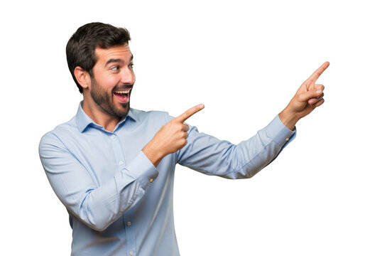 Excited man with beard wearing a blue button down shirt pointing to the right with both index fingers isolated on transparent background