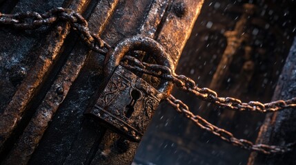 A massive, rusted chain with an intricate, antique padlock, barring a colossal, unseen gate, dramatic low-angle lighting, chiaroscuro