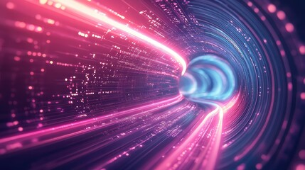 Digital data flowing through abstract fiber optic tunnel