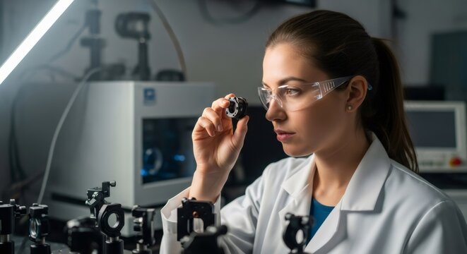 Woman scientist examining a small component in a modern laboratory. Bioprinting research and development for future medical innovations.