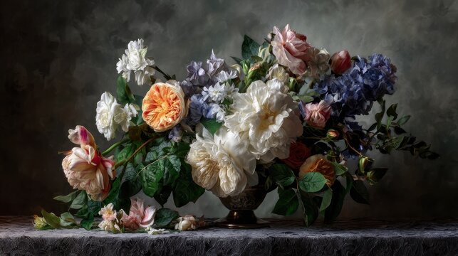 Naklejki Opulent Baroque Still Life Floral Arrangement with Rich Textures and Dramatic Chiaroscuro Lighting.