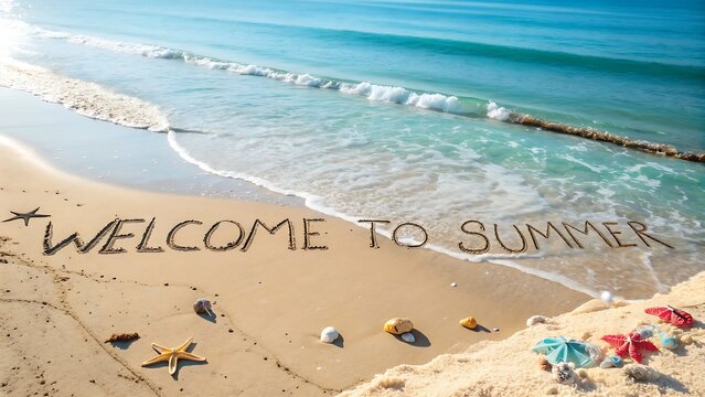 a tranquil beach scene showcases a welcome to summer message written in the sand alongside seashells and vibrant beach accessories - Powered by Adobe