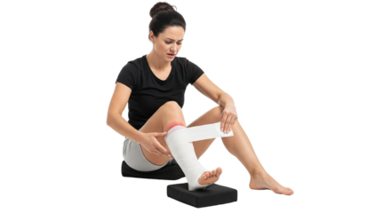 Woman wrapping her injured leg with bandage sitting on the floor with a painful expression