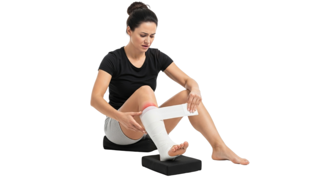 Woman wrapping her injured leg with bandage sitting on the floor with a painful expression