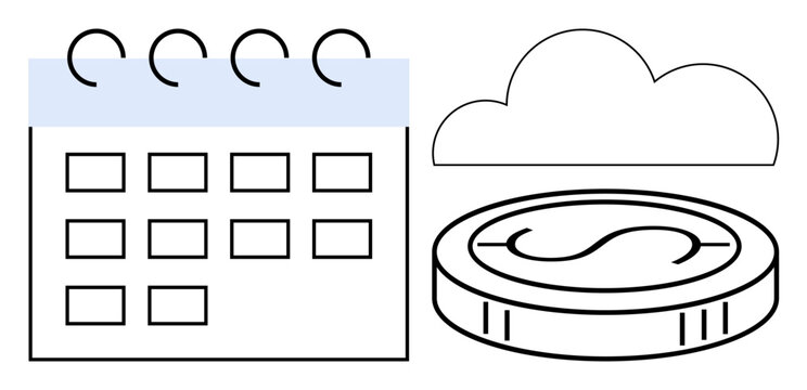 Minimalist calendar with grid, coin featuring currency sign, and cloud element. Ideal for finance, planning, economy, savings, digital storage, scheduling and goals concepts simple flat metaphor