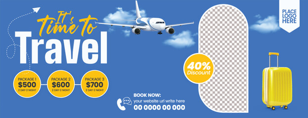 Travel Agency Social Media Header and Tourism Horizontal Banner Template Design Highlighting Holiday Tour Promotion, Travel Sale, Adventure Trip Deals, Hotel Resort Booking, Online Ticket Advertisemen