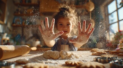 Young girl with flour-covered hands joyfully baking cookies in a cozy kitchen with natural light