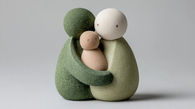 Abstract sculpture of a family embracing together.
