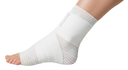 Foot and ankle wrapped in a white elastic bandage for support and injury recovery care