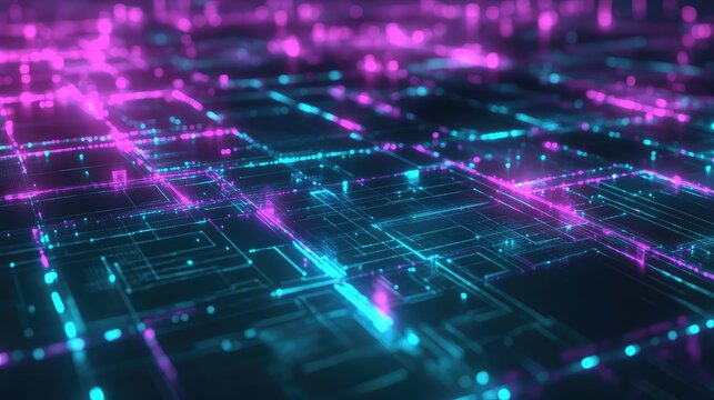 Circuit board lines with glowing digital data transferring