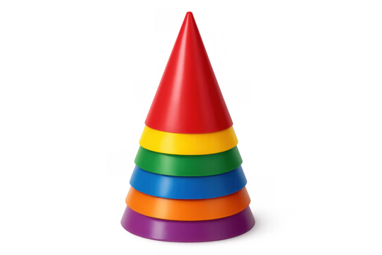 Stacking rings toy creating a colorful rainbow pyramid shape, concept for childhood education and learning, transparent background