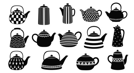 Whimsical black teapots collection for charming kitchen decor prints