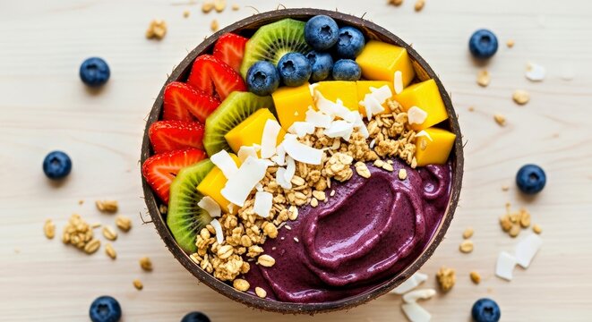 Tropical Fruit Smoothie Bowl: A vibrant smoothie bowl bursting with an array of fresh, tropical fruits like sliced strawberries, kiwi, blueberries, and mangoes, topped with granola and coconut flakes.