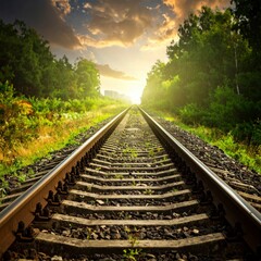 Fototapeta premium Railway Tracks Leading to a Bright Horizon Through the Forest.
