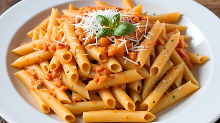 Penne alla Vodka - penne pasta, heavy cream, canned tomatoes, onion, garlic, vodka, olive oil, salt, pepper, and red pepper flakes