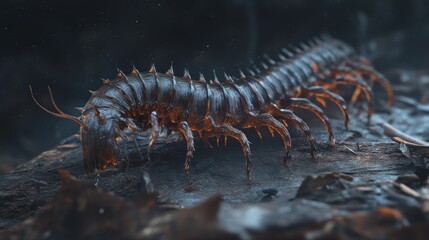 Centipede, its segments like interlocking pieces of dark, weathered wood, legs like thorny vines, surreal enchanted forest texture, dim, mysterious lighting