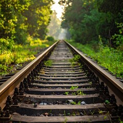 Obraz premium Railway Tracks Through a Lush Green Forest Landscape.