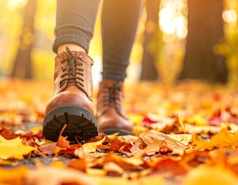 Close-up of brown leather boots walking on fallen autumn leaves