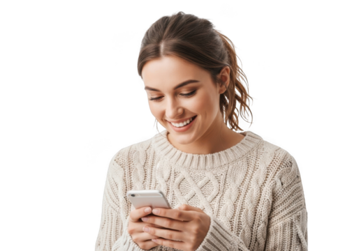 Smiling young woman wearing a cozy knit sweater holding and looking at her smartphone isolated on transparent background