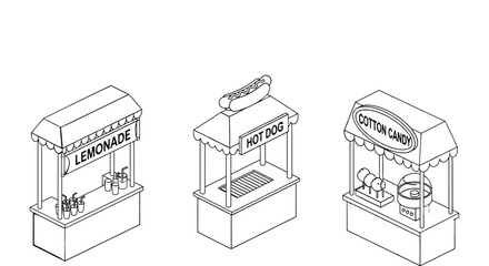 Cartoon lemonade stand, hot dog stand, and cotton candy booth icons
