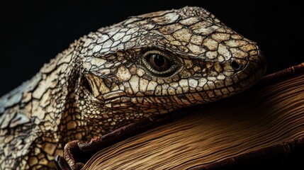 Monitor Lizard, skin with the texture of cracked, ancient leather bound book covers, surreal bibliophile texture, antique lighting