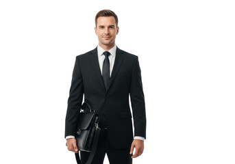 Obraz premium Professional man in black suit and tie holding briefcase standing confidently isolated on transparent background