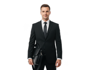 Professional man in black suit and tie holding briefcase standing confidently isolated on transparent background
