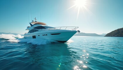 Modern white yacht cruises fast on clear blue ocean waves. Sun shines bright on the water near coastal islands. Maritime transport offers luxury travel and leisure adventure.