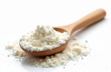 Wooden spoon holds powdered milk. White granular powder spills on clean table. This is a food ingredient or baby formula for cooking baking or making drinks. Healthy food production nutrition concept.