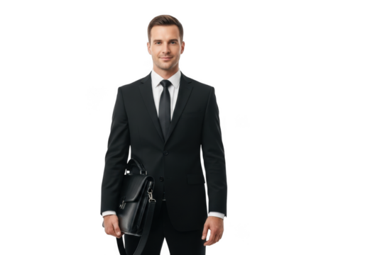 Professional man in black suit and tie holding briefcase standing confidently isolated on transparent background - Powered by Adobe